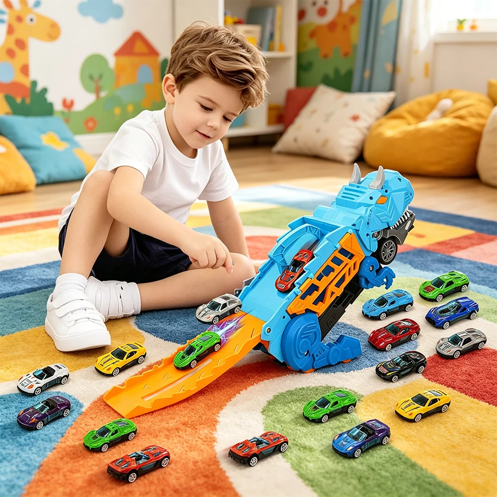 

Truck Toy Car Track Set, Suitable For Boys Aged 3-8, Dinosaur Transport Car Track, Equipped With 12 Racing Toys, Birthday Gift