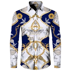 Fashion Luxury Golden Flower Print Men's Shirts Baroque Style Short/Long Sleeve Lapel Button Up Tops Social Hawai Party Cardigan