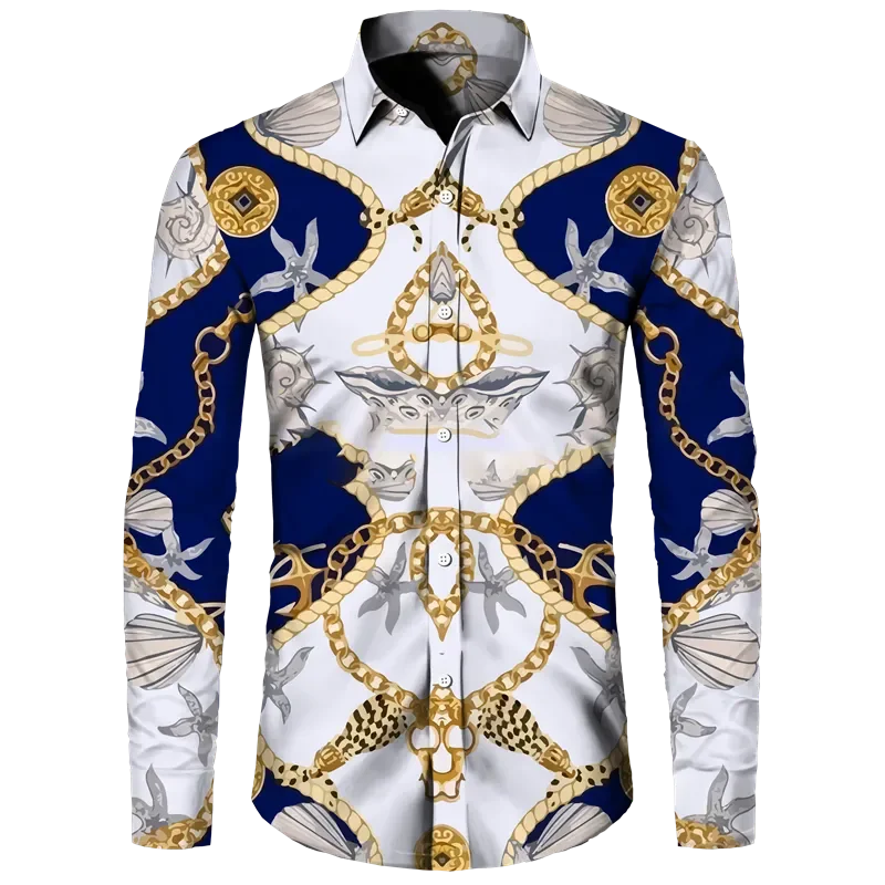 Fashion Luxury Golden Flower Print Men's Shirts Baroque Style Short/Long Sleeve Lapel Button Up Tops Social Hawai Party Cardigan