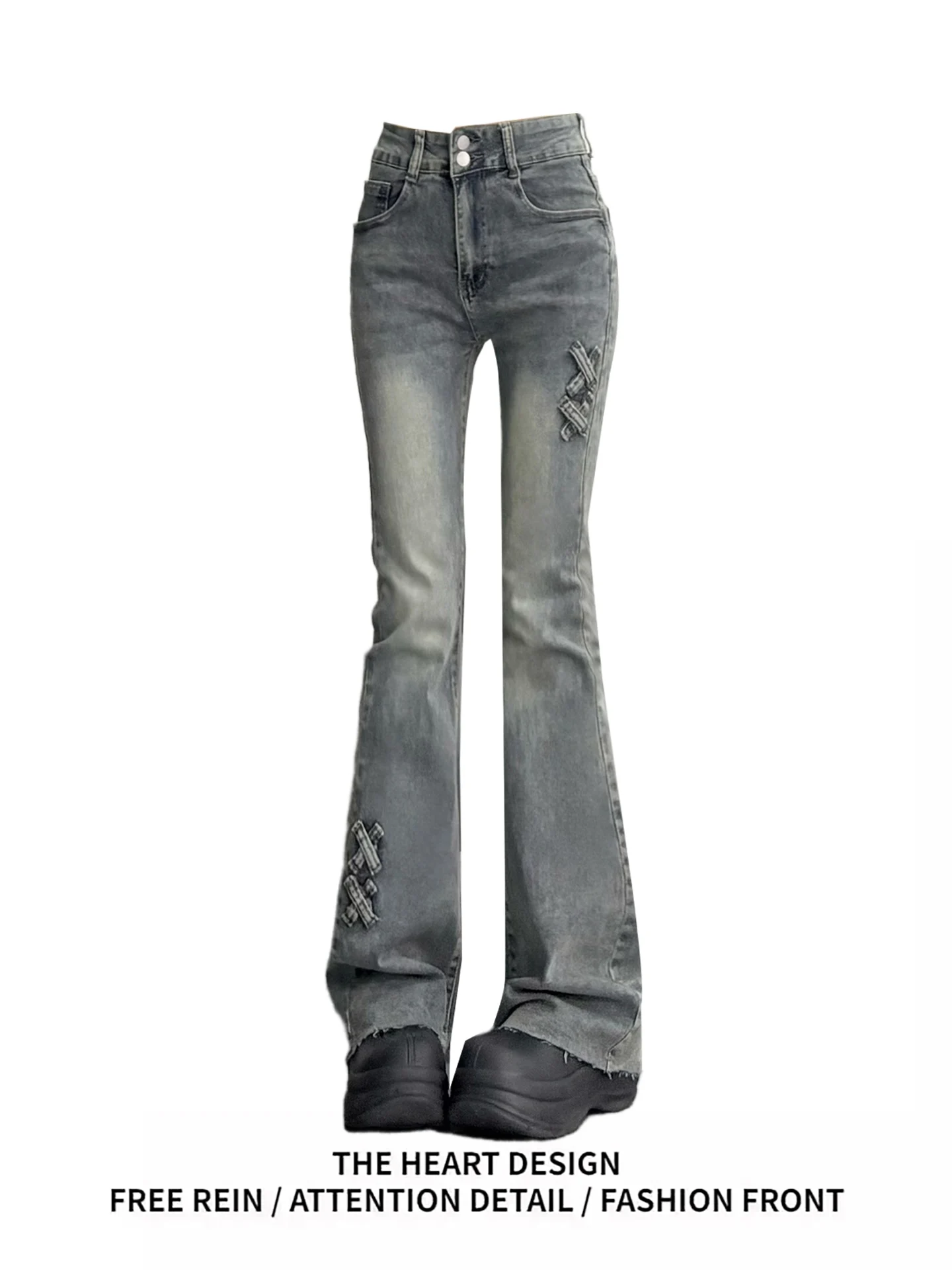 

Retro American Design Knot Slimming Double Bule Denim Pants High Waist Stretchy Flared Floor-Length Women's Jeans