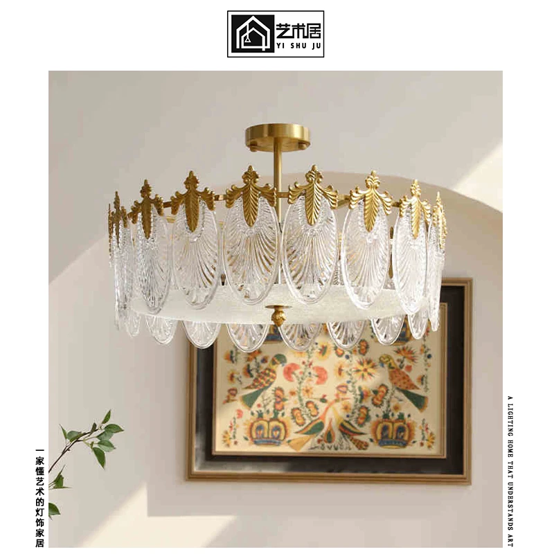 

Brass Crystal Glass Ceiling Light French Retro Style for Living Room Bedroom