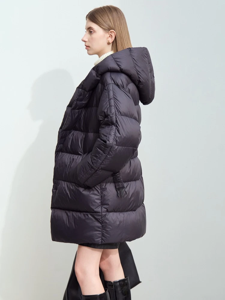 AMII Minimalistische Daunenjacke mit Kapuze für Damen, 2025, Winter, neue warme Entendaunen mit Gürtel, magnetische Schnalle, lose Oberbekleidung 12424001