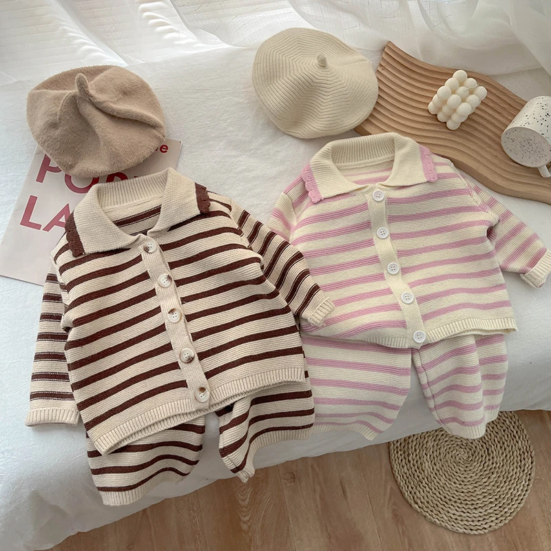 Spring And Autumn Baby Striped Shirt Pants Two Piece Boys And Girls Fashion Knitted Children\'s Leisure Suit Soft Baby Clothes