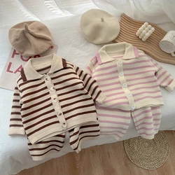 Spring And Autumn Baby Striped Shirt Pants Two Piece Boys And Girls Fashion Knitted Children's Leisure Suit Soft Baby Clothes