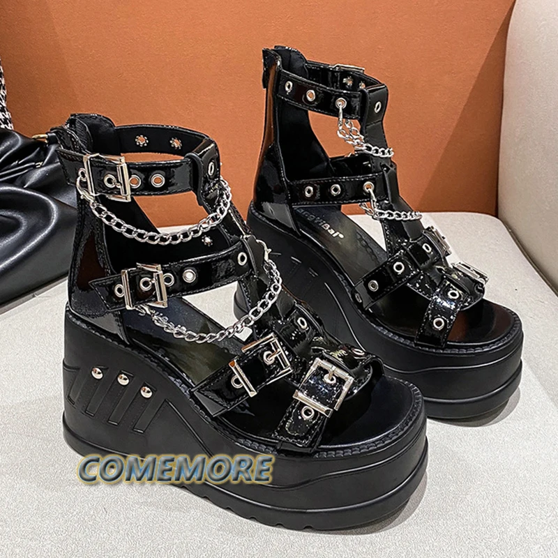 Women Wedges Sandals High Heel Gothic Punk Comfy Walking Zip Chains Fashionable Summer Platform Sandal Woman Shoes Large Size 43