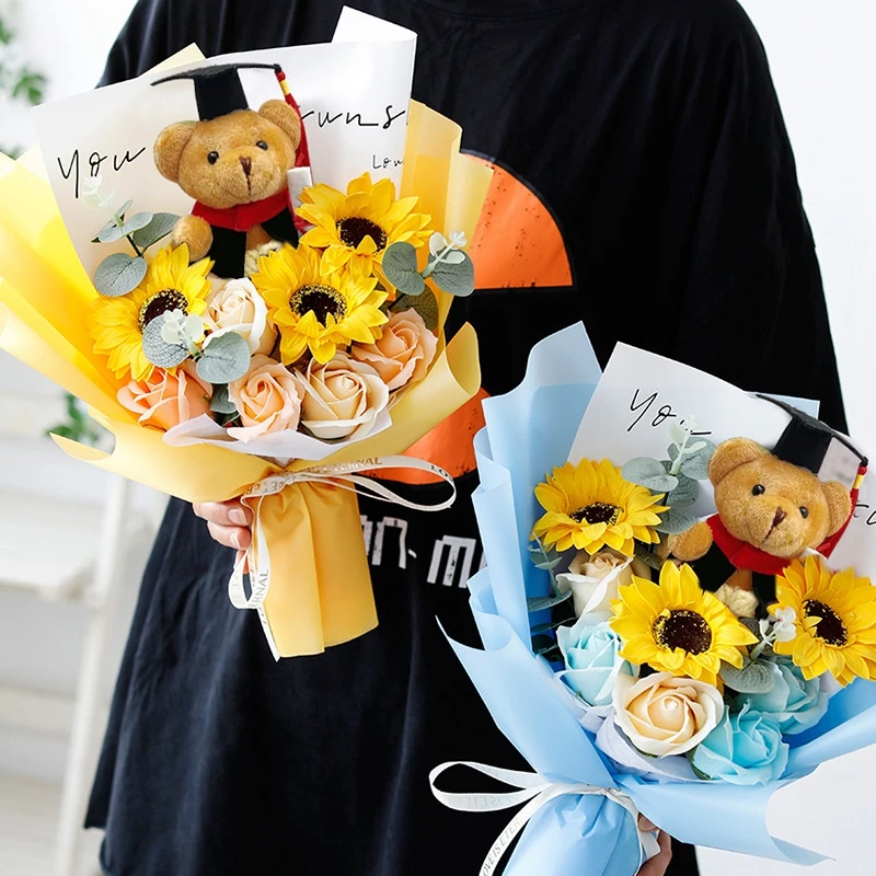 Graduation Flower Bouquet Bear Artificial Flowers Gifts Eternal Sunflowers Bouquet Valentine's Day Decoration Desk Accessorie