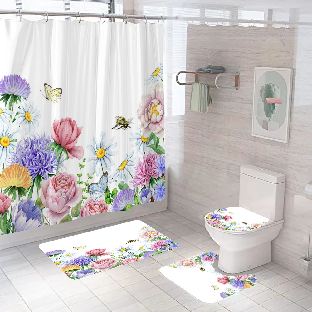 Einfache Art Blumen und Pflanzen 3d Dusch vorhang Bad Vorhänge Sockel Teppich Toiletten deckel Deckel rutsch feste Teppich Bade matte Set