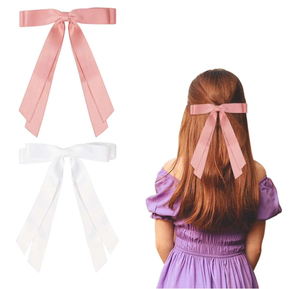 AGG-2Pcs Hair Bows for Women,Bow Hair Clips Barrette with Long Silky Satin Hair Ribbons for Women -White&Pink