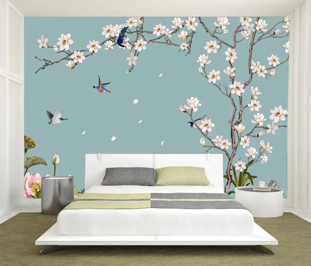 Customized Size Wallpaper Nordic Modern Flower and Bird Plant Leaf Wallpaper Home Decoration Tree Branches and Birds 3d mural