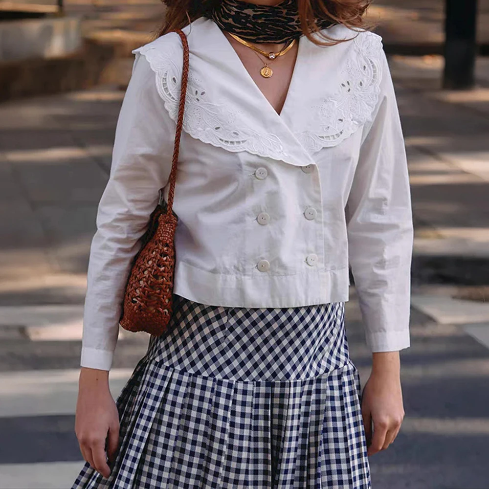 

Кружевная вышивка, ажурная блузка, женская весна-осень, воротник Питера Пэна, длинный рукав, дизайнерские винтажные рубашки, топы, элегантные блузки