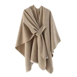 Women Cashmere Feel Shawl Coat Lady Winter Cape with Band Spring Autumn Retro Cardigan Classic Simple Cloak Soft Large Blanket