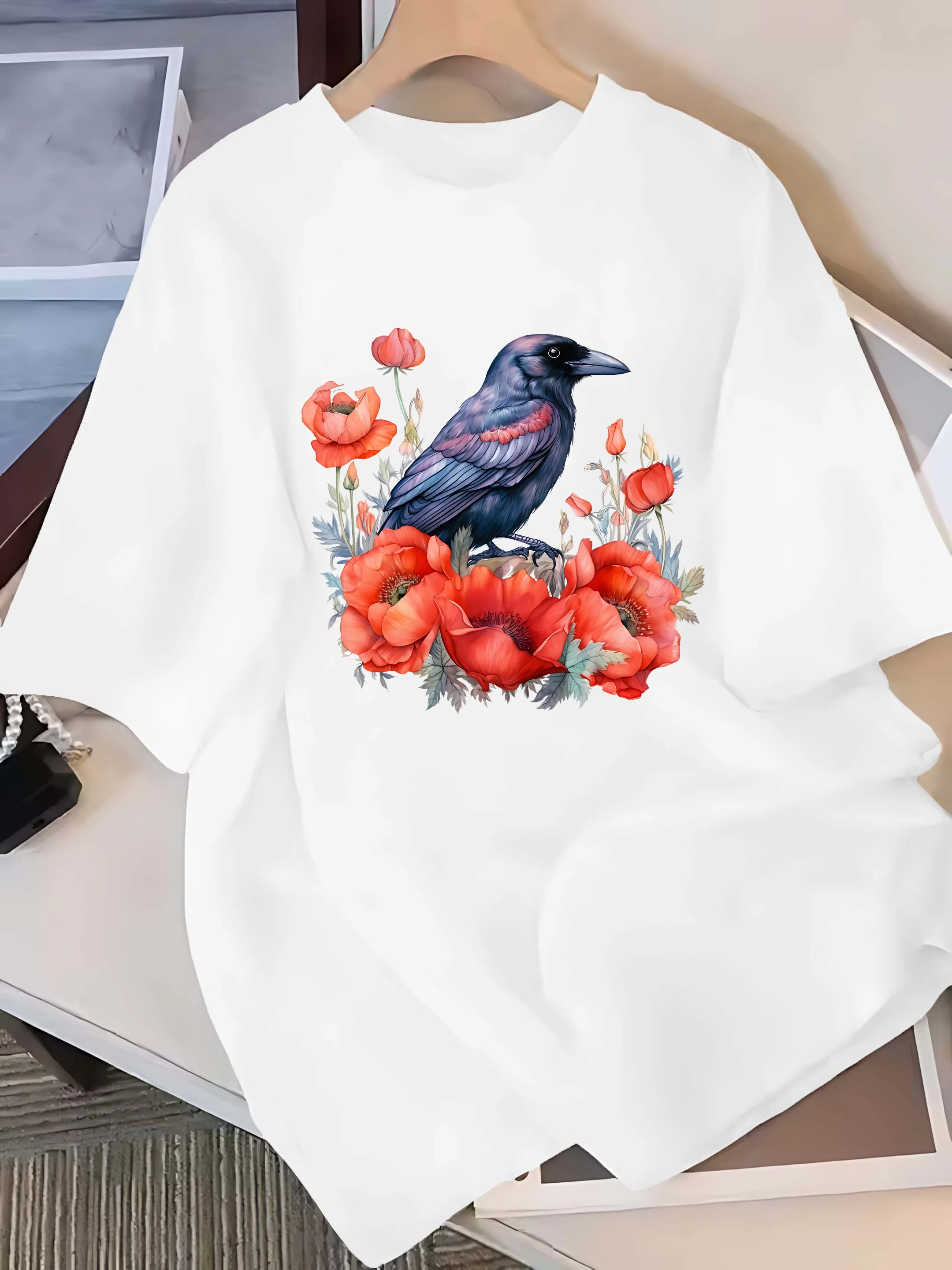 

Plus - Size Six Colour Short - Sleeve Tee: Watercolor Crow & Red Poppy Graphic