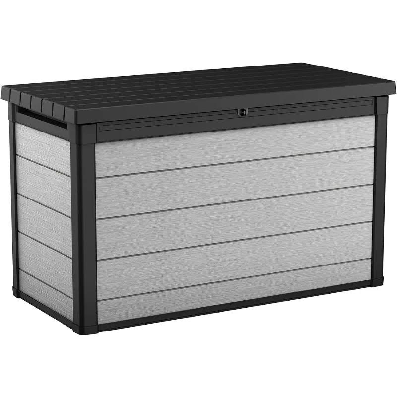 Keter Denali 200 Gallon Resin Large Deck Box for Patio Furniture Cushion Storage, Grey/Black