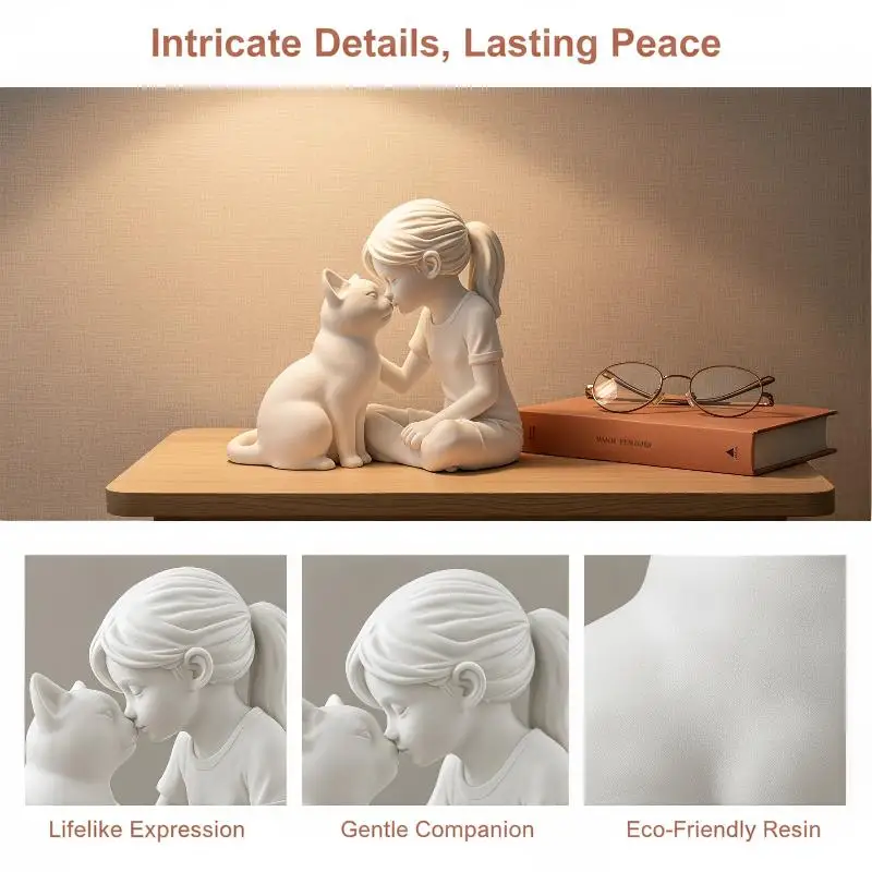 Girl And Cat Resin Statue Mini Decorative Figurine For Home Shelf Bedroom Living Room Desktop Ornament Gift