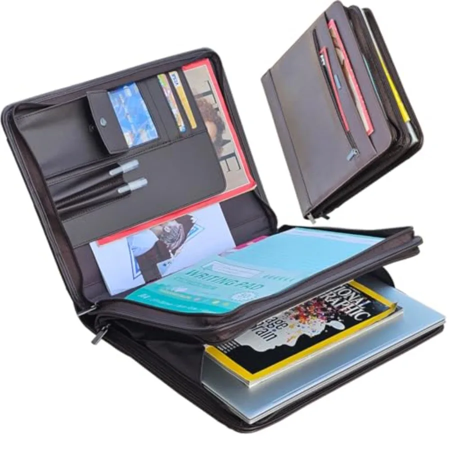 

14" Laptop Briefcase Vegan Leather Portfolio with Zipper Compartments x 2 A4 Papers Holder Padfolio Organizer