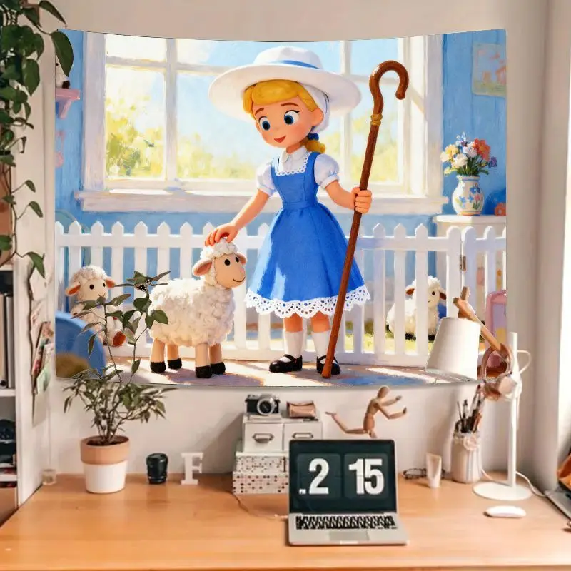 1 Buah Permadani Bo Peep & Lambs, Seni Dinding Kartun Gadis Peternak yang Lucu, Dekorasi Poliester Modern untuk Ruang Tamu, Kamar Tidur, Asrama, Hadiah
