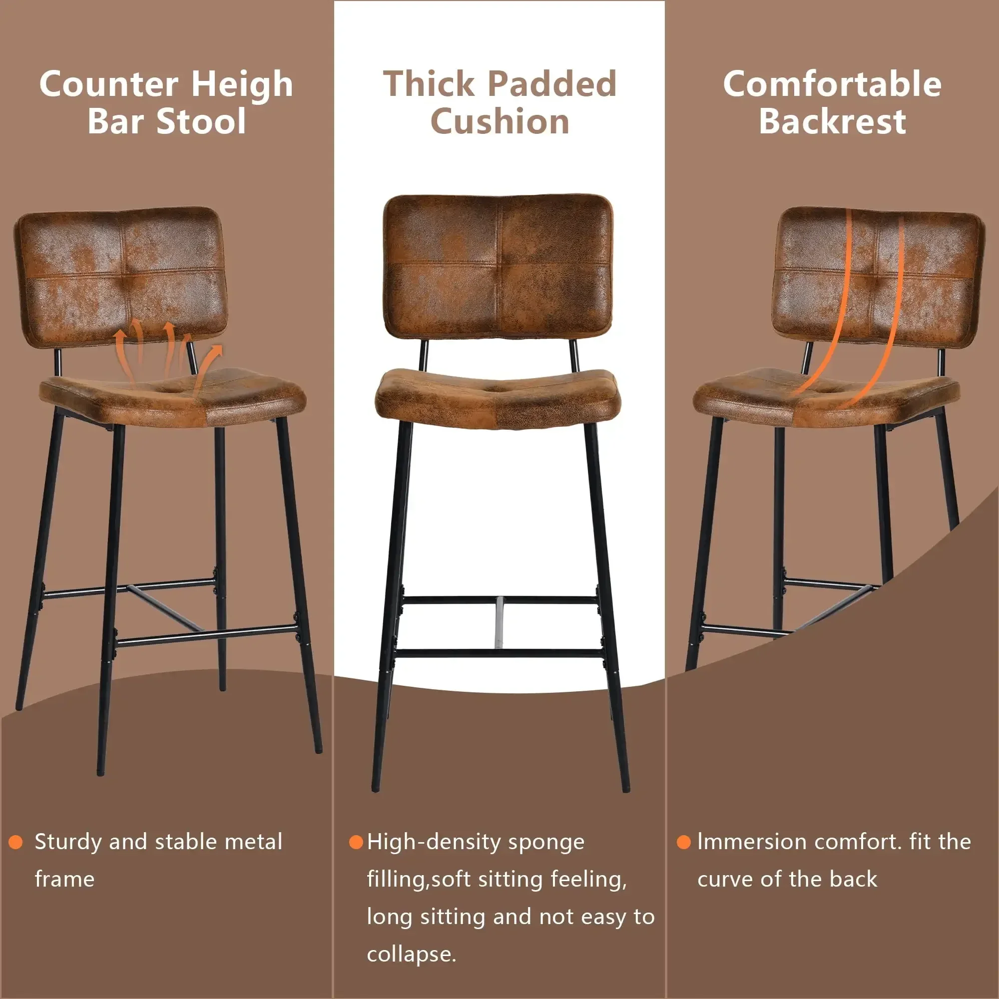 Counter Height Bar Stools Set of 2, 26" Modern Mid Century Upholstered BarStools Chair Backrest Footrest for Home , Brown