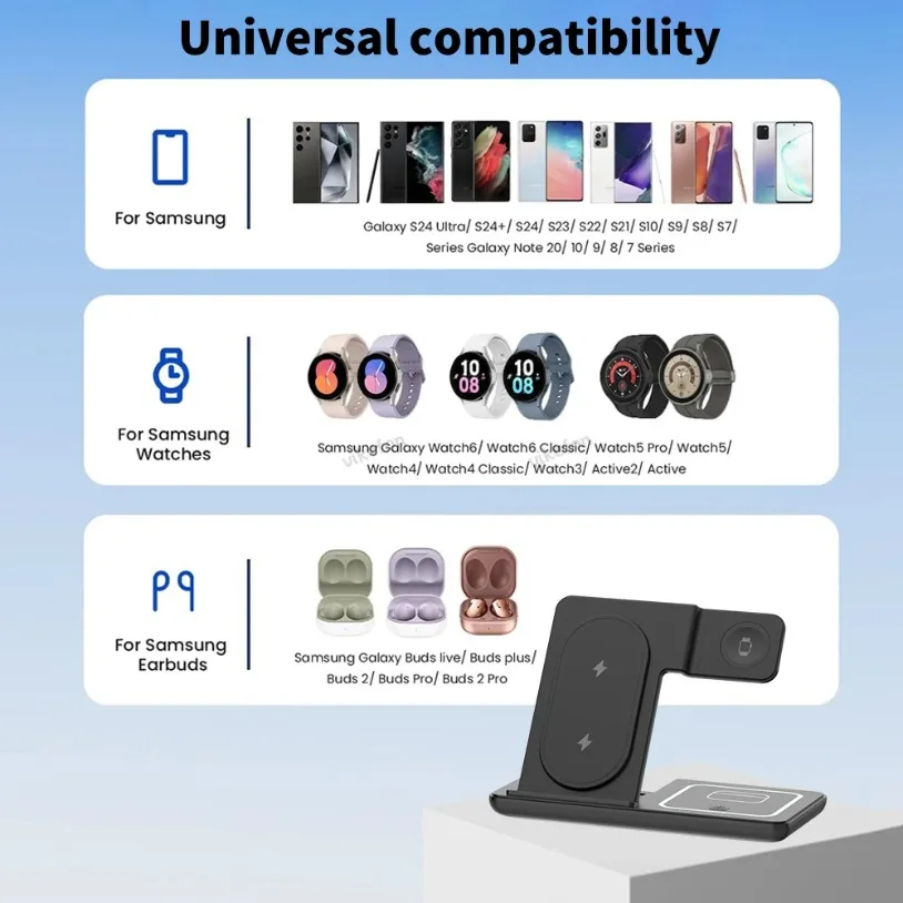 3 في 1 شاحن لاسلكي قابل للطي حامل مكتبي لساعة سامسونج S24 S23 جالاكسي 2-8 نشط 1 2 براعم Pro LED محطة شحن سريعة #6