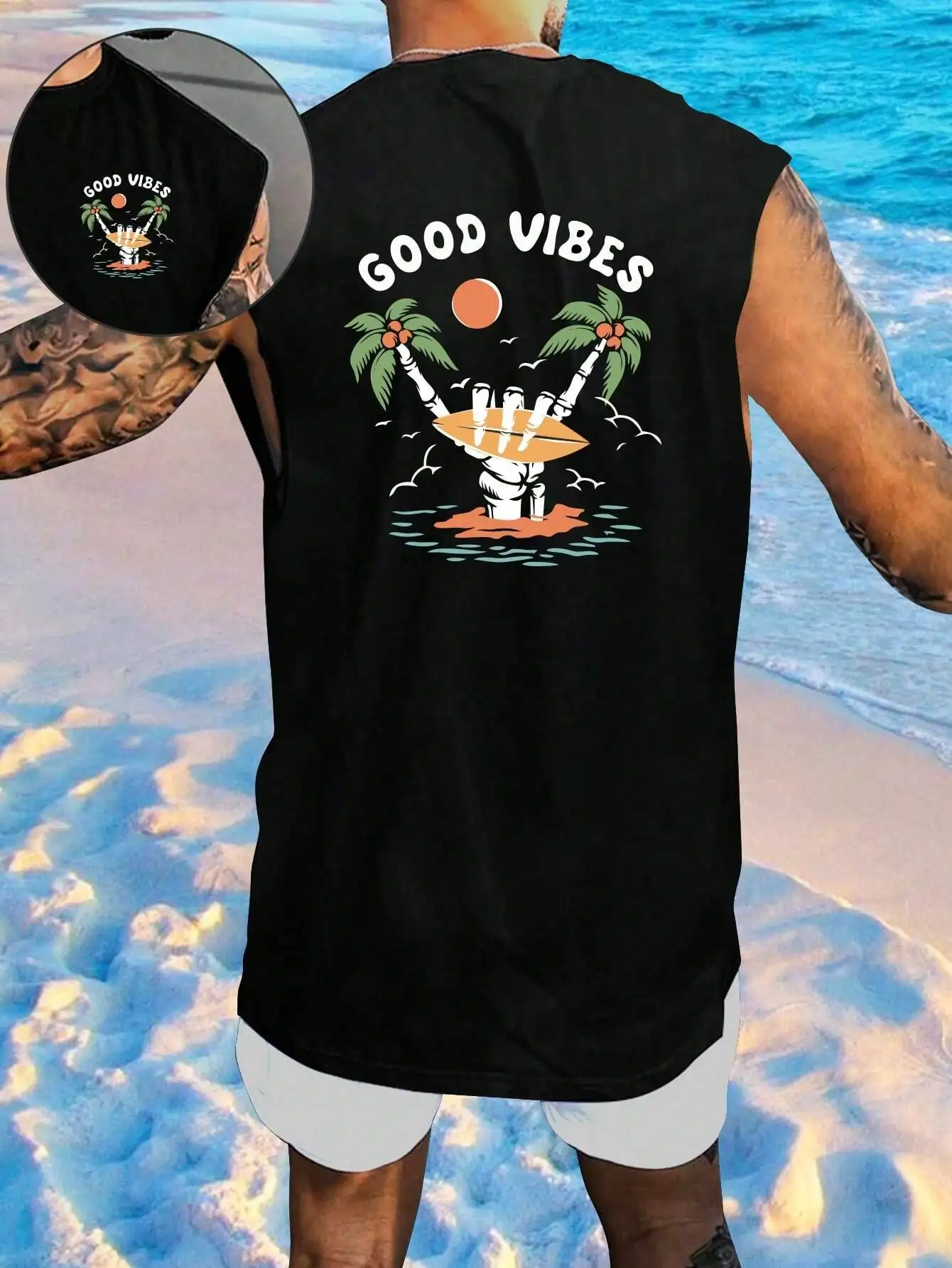 

Men's Black Sleeveless Tank Top with Tropical Skeleton Graphic Print for Beach Vacation