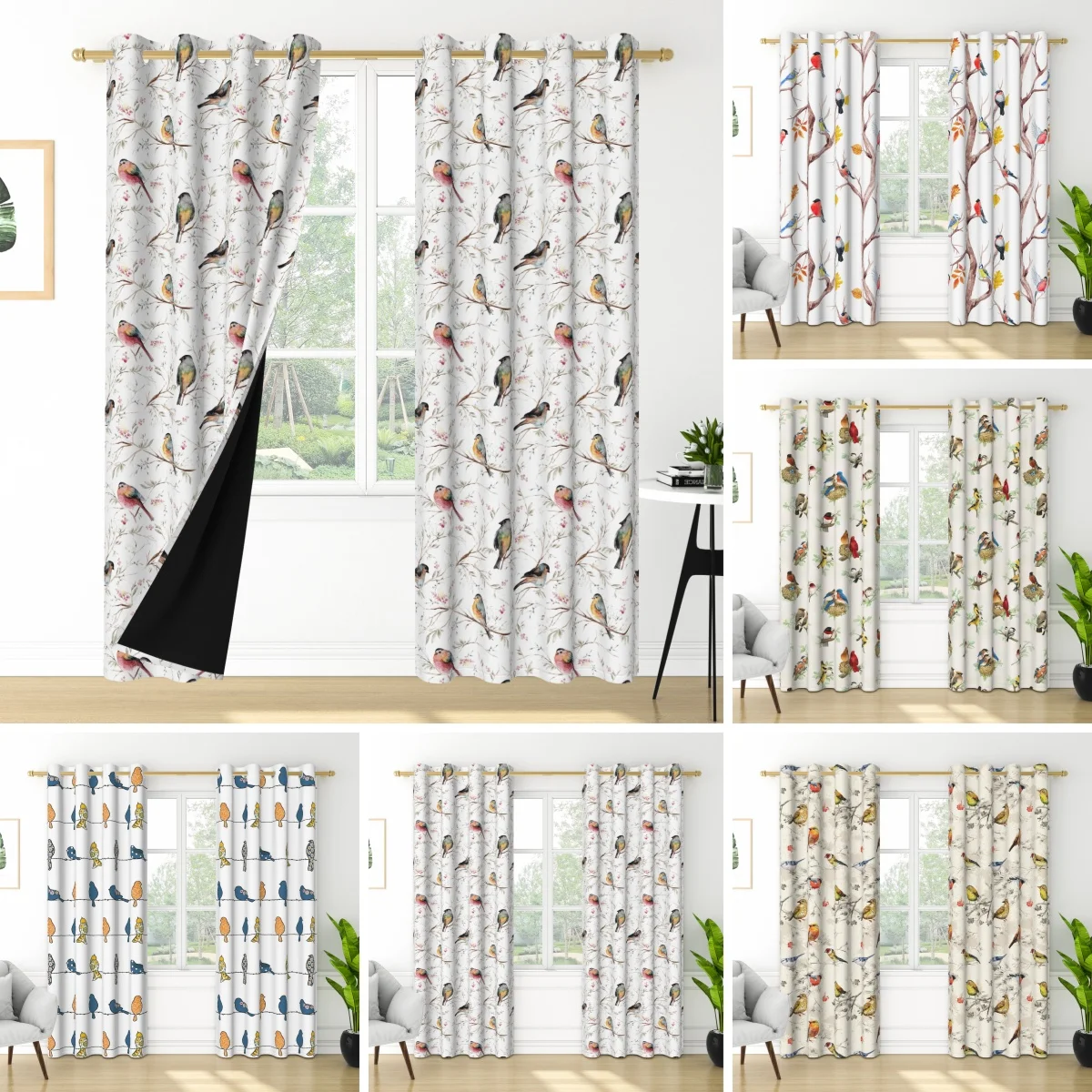 Vintage Bird Print Blackout Curtains Window Nature Animal Pattern Thermal Insulated Drapes for Bedroom Living Room Grommet Top