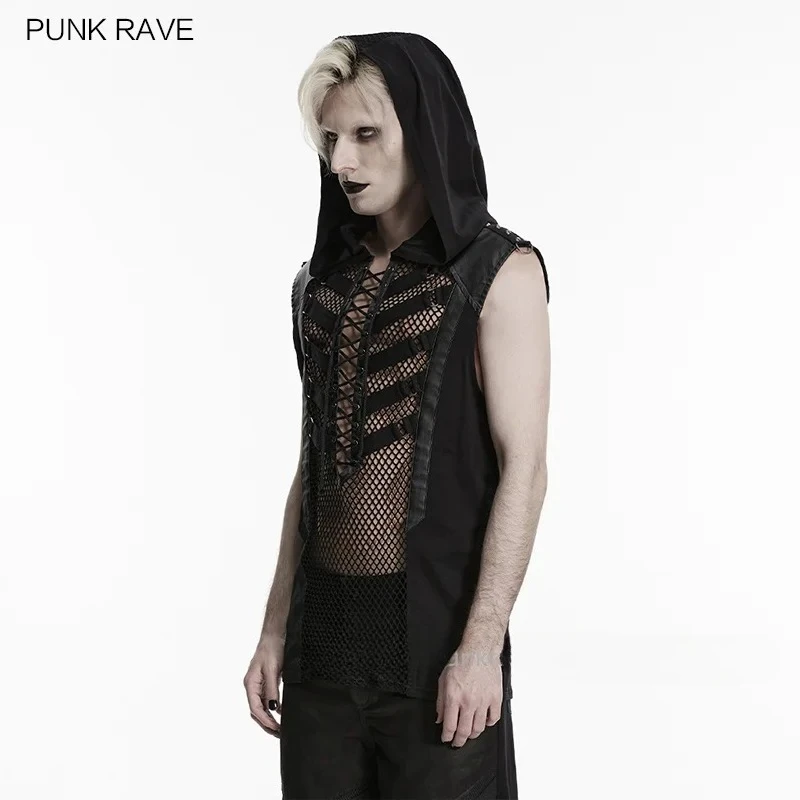 PUNK RAVE Men's Punk Skeleton Vision Knitted Mesh 3D  Drawstring Hooded Vest Back Irregular Eyelet Webbings Cool Top