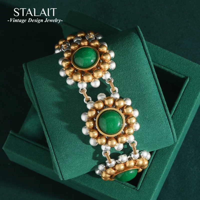

Vintage Green Flower Bracelets Jade Pearl Jewelry Round Gold Color Luxury Designer Antique Accessories Valentine Day Gift 2025
