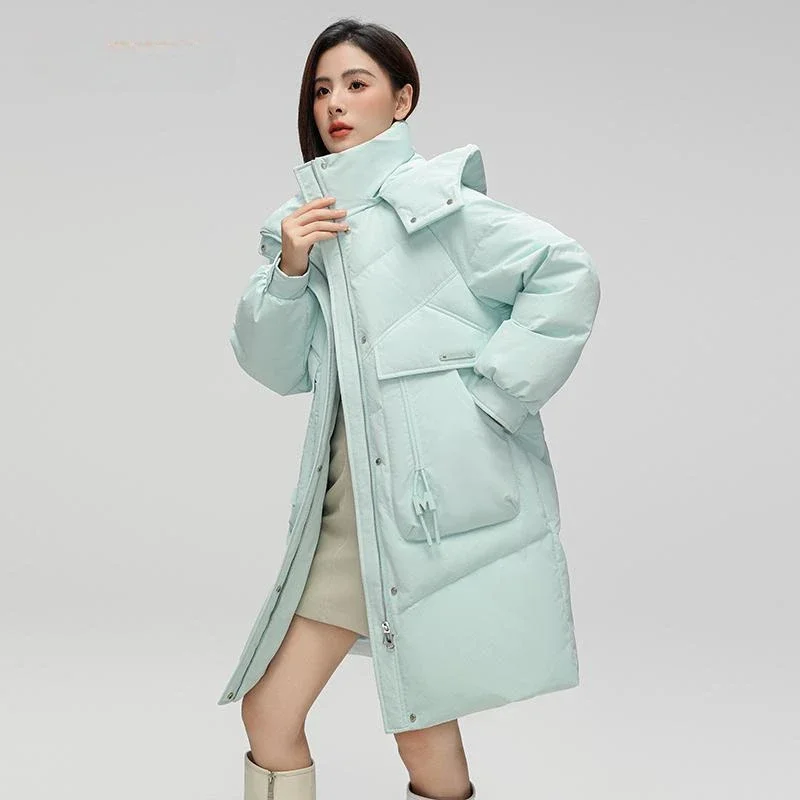 Cold Winter Coat Women White Duck Down Jacket Stand Collar Fashion Hooded Long Jacket Thick Keep Warm New Puffer Outwear