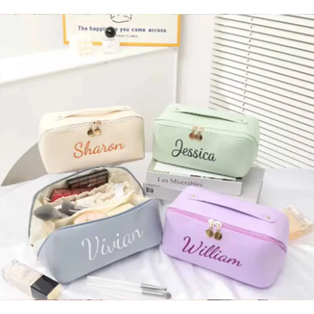 Large Capacity Customized PU Makeup Bag Custom Embroidered Cosmetic Pouch with Name Bridal Shower Bridesmaid Gift for Women