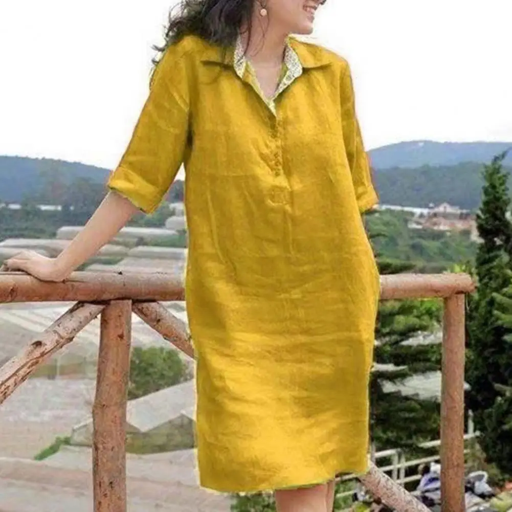 Elegant lady Shirt Dress Retro Texture Solid Color Loose Dress Lapel V-neck Buttons Half Sleeve Summer Casual Vacation Dress