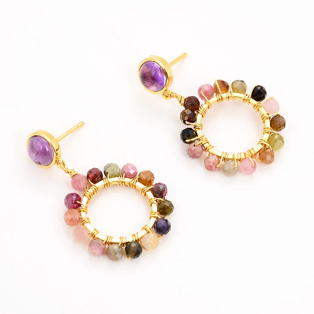 

Natural Rainbow Tourmaline Gold Color Hoop Amethyst Stud Earrings