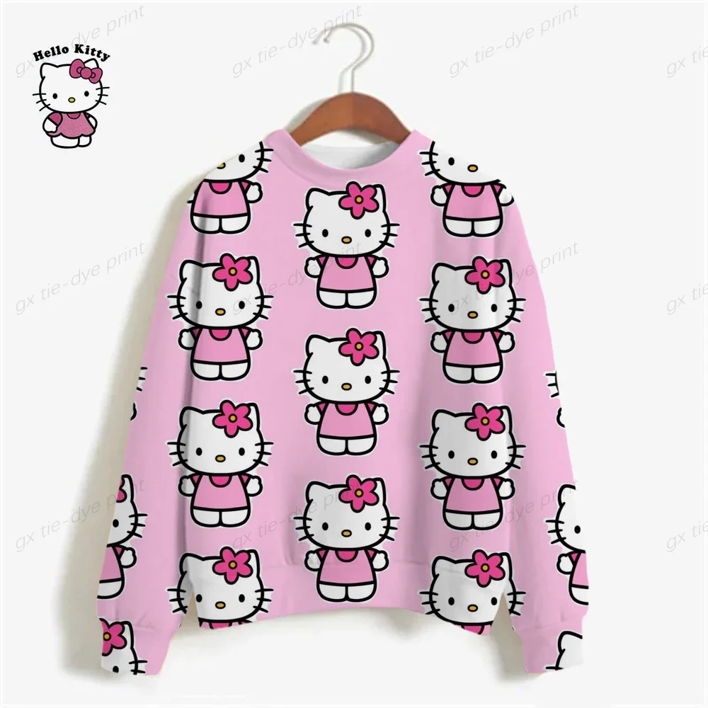 Casual HELLO KITTY Print Sweatshirt Women Fashion Cartoon Long Sleeve Loose Hoodies Y2k Streetwear 2024 Autumn Lady Pullovers