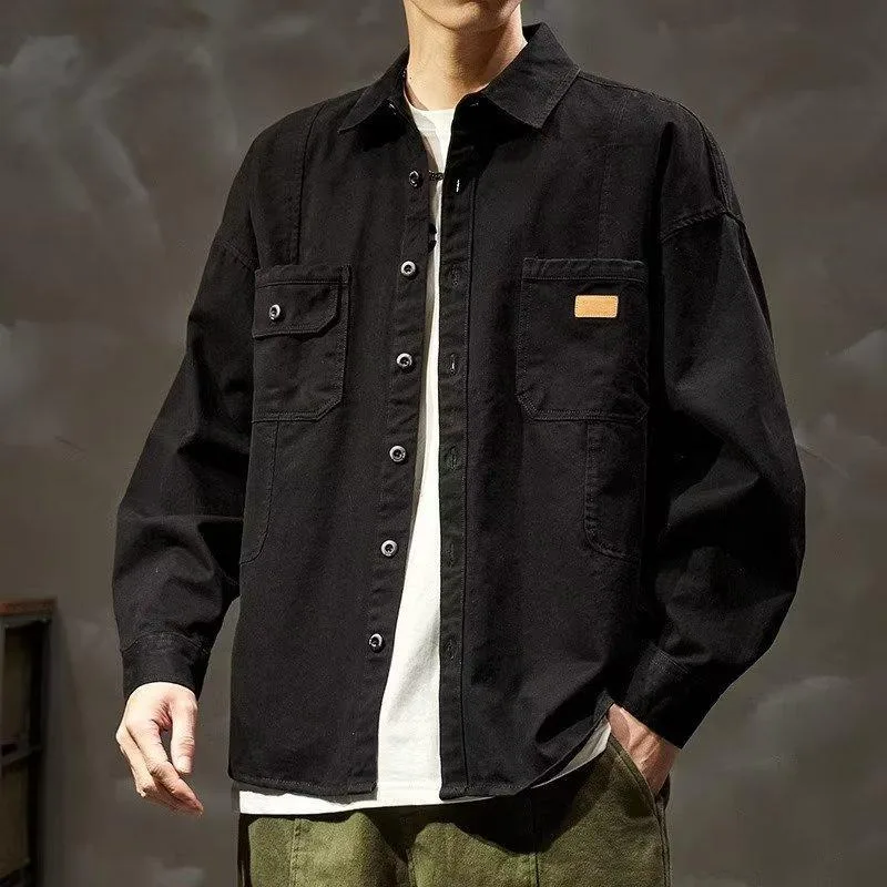 سترة قميص العمل للرجال للربيع والخريف سترة فضفاضة بلوزة كاجوال بأكمام طويلة للرجال