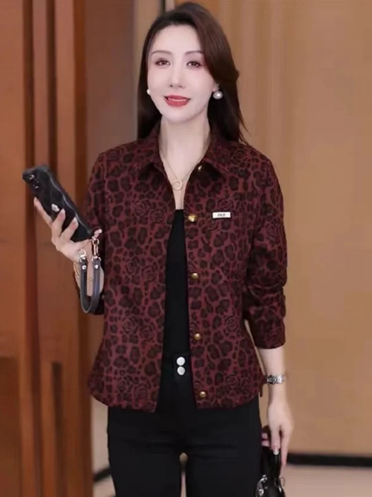 

Модная тонкая женская куртка с леопардовым принтом для среднего возраста, весенне-осенняя, универсальная, дышащая, из полиэфирного волокна, повседневная