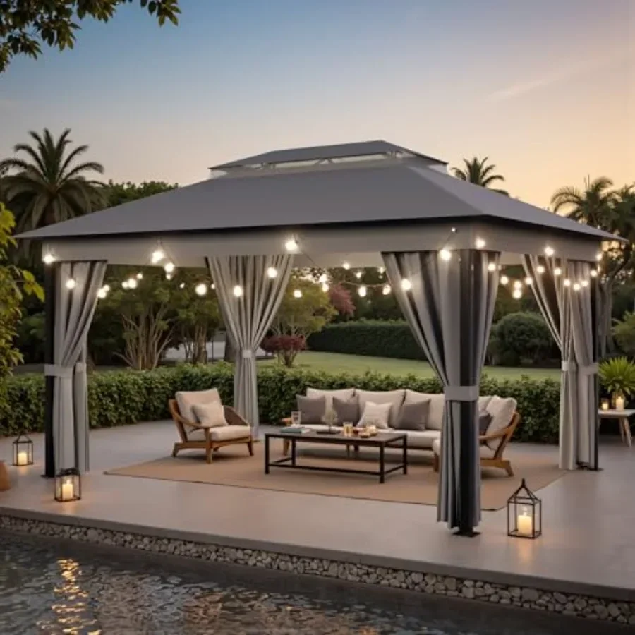 Outdoor Gazebo for Patio 10'x 13' Heavy Duty Metal Fe  with Expansion Bolts Double Roofs Party Tent Shelter with Mosquito Netti