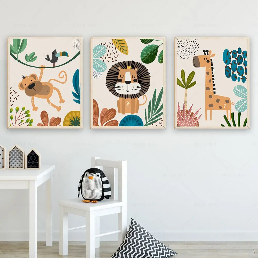 Boho Monkey Lion Giraffe Bird Zebra Elephant Botanical Nursery Posters Wall Art Print Canvas Painting Baby Kids Room Home Decor view 2