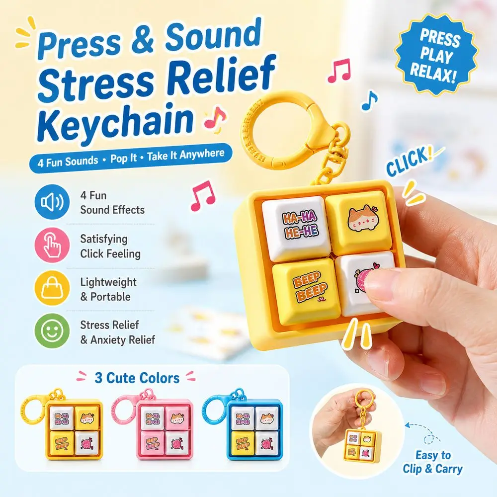 Plastic Sound Button Keychain Press Activated Sound Cartoon Pattern Cartoon Keychain Square Shape Keyring Clip Button Fidget