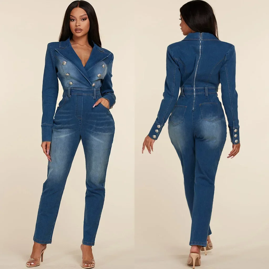 

Denim Jumpsuit Women Overalls Autumn One Pieces Jean Double Breasted Turn Down Collar Vintage Streetwear Female Jumpsuits