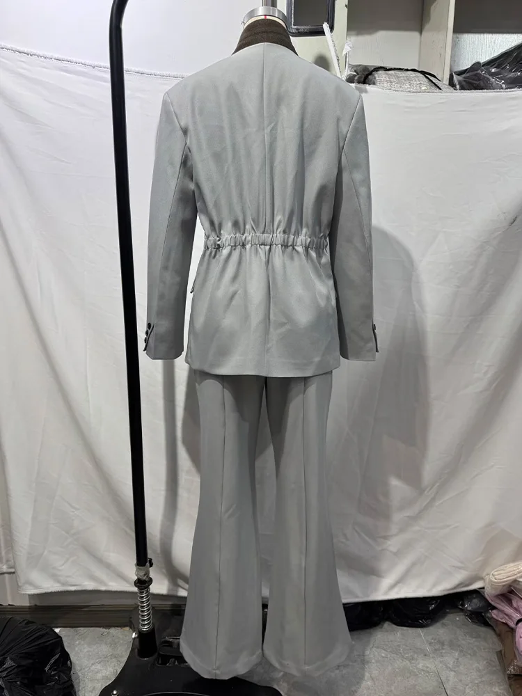 HH Women's Spring Fashion Versatile One Button Long Sleeve Contrast Color Collar Blazer+Casual Slim Mid-Waist Flared Pants Suit