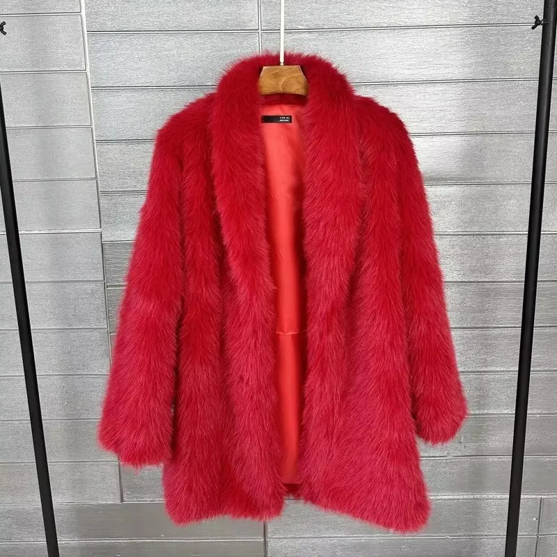 Bright Red Women Faux Fox Fur Coat Lapel Collar Loose Mid‑Length Fluffy Furry Winter Warm Coat Open Front Streetwear Outerwear
