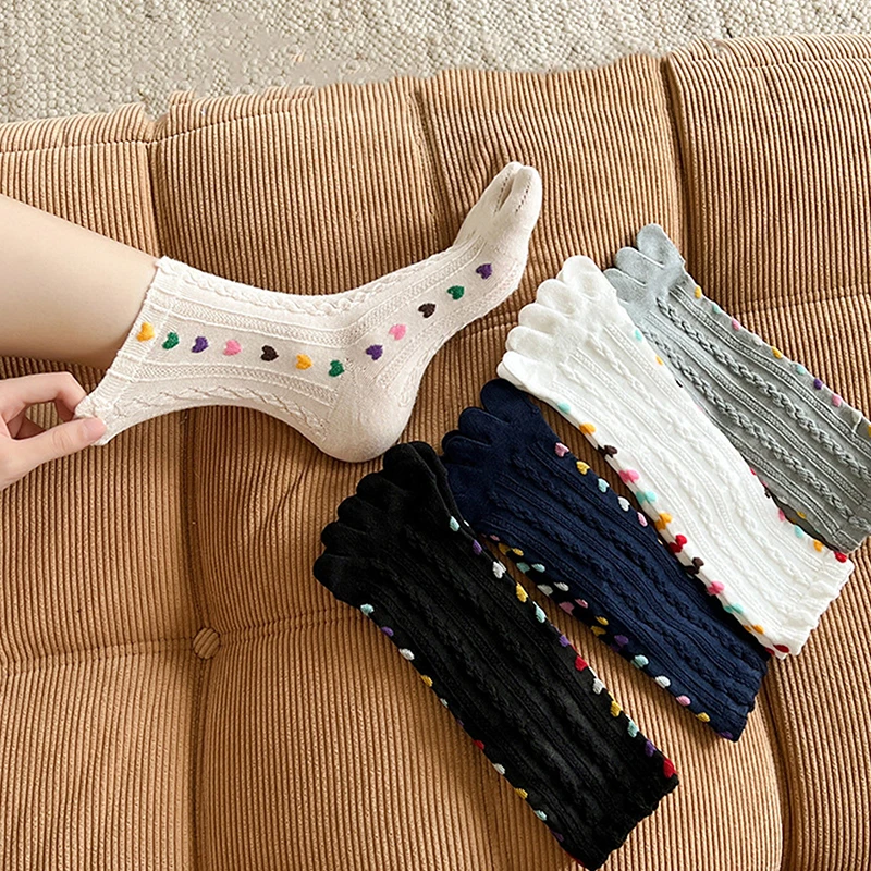 1Pair Colorful Heart Braid Five Finger Socks For Women Spring Autumn Middle Tube Cotton Socks Breathable Crew Socks