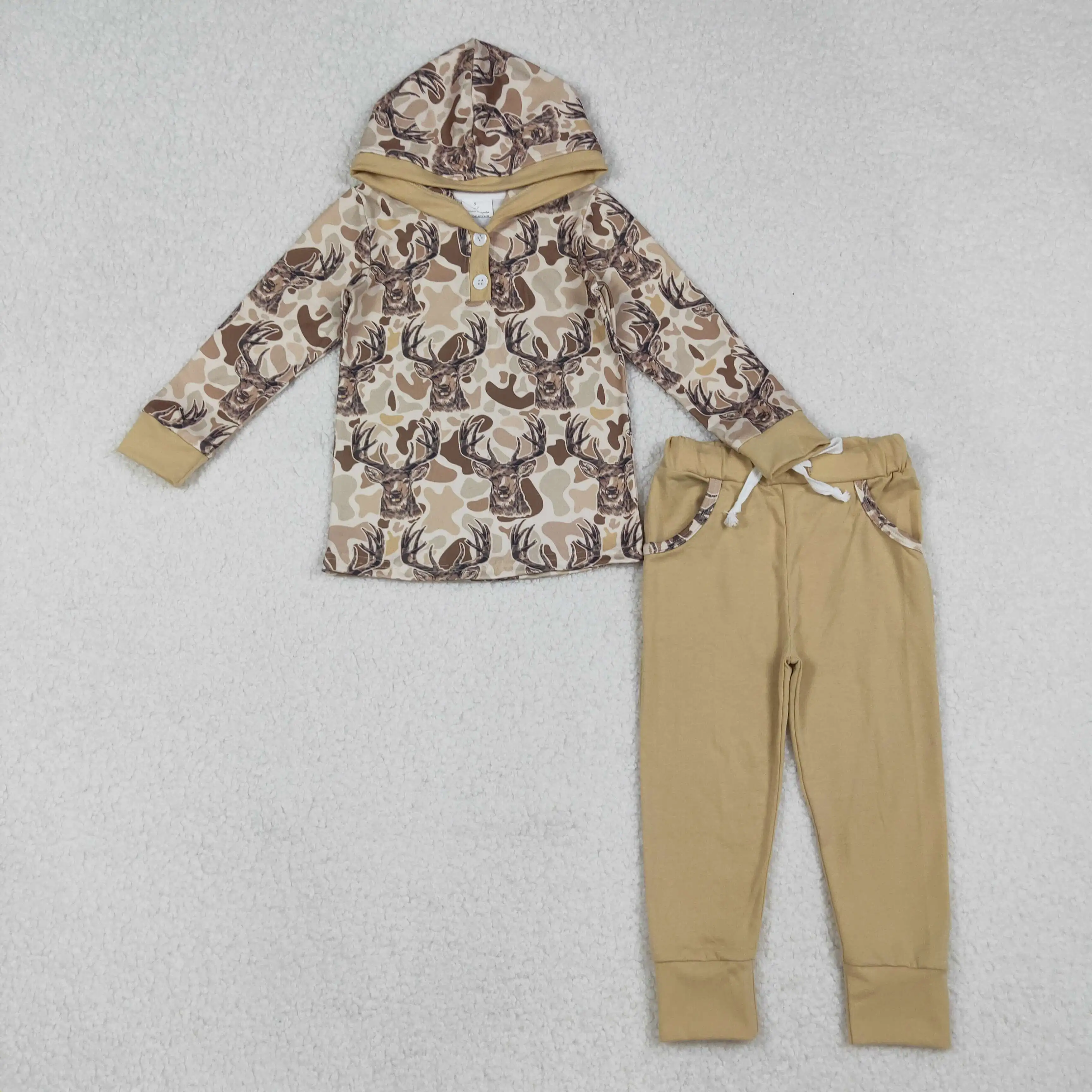 

X10.8 New winter baby boys clothing wholesale elk camo button hooded long sleeve light brown pants set