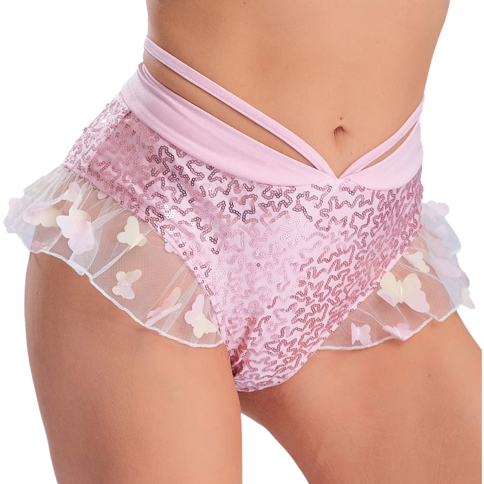 Womens Sparkly Sequins Briefs Low Rise Ruffle Mesh Butterfly Panties Underwear Role Play Rave Party Pole Dancing Night Club Wear