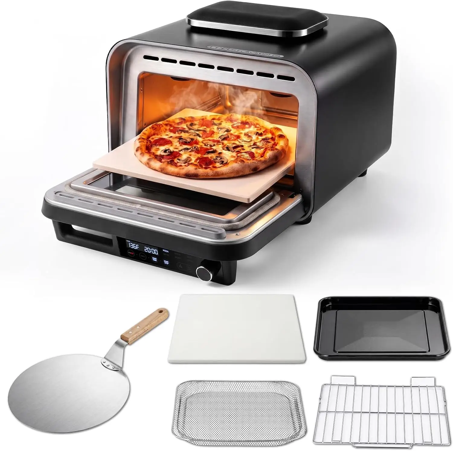 Electric Countertop Pizza & Air Fryer Oven, IPX4 Waterproof, Fits 13-Inch Pizzas, Heats to 750°F, 6 Cooking Functions & 5 Pizza