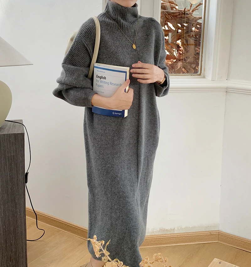 

New Chic Loose Sweater Dress Women Autumn Winter Tall Neck Long Knitted Dress Streetwear Korean Fashion Patchwork Knitwear