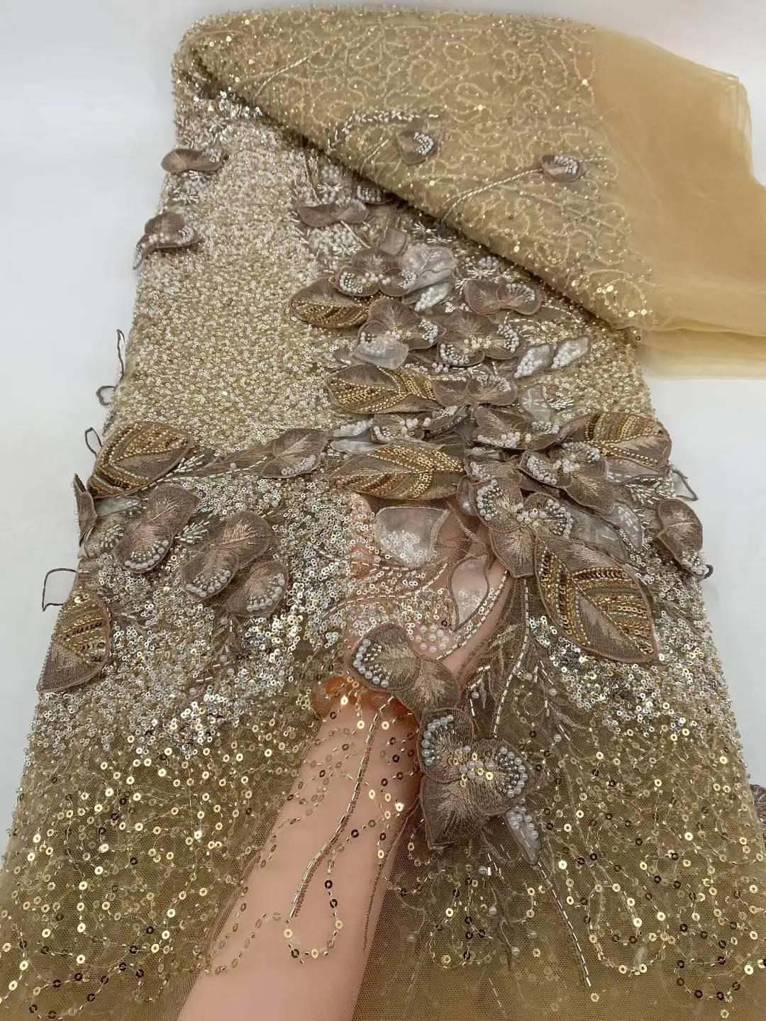 High Quality Elegant French Mesh Embroidery Tulle 3D Flower Fabric African Nigerian Lace Fabric for Wedding Party Dress -ST