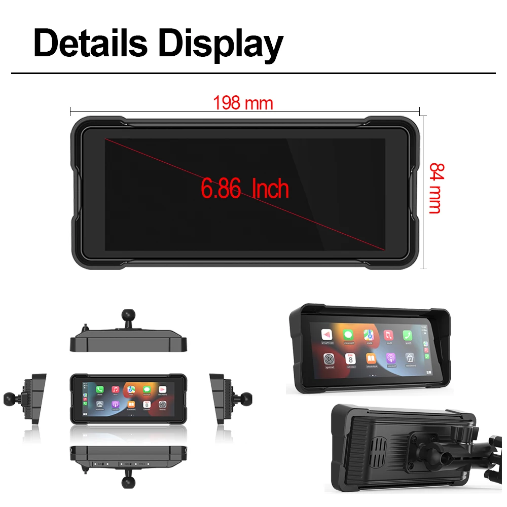 Touch Screen For Motorcycle 6.86'' With GPS TMPS Android Auto Waterproof Wireless Carplay Anti-shake Night Version Cameras Video