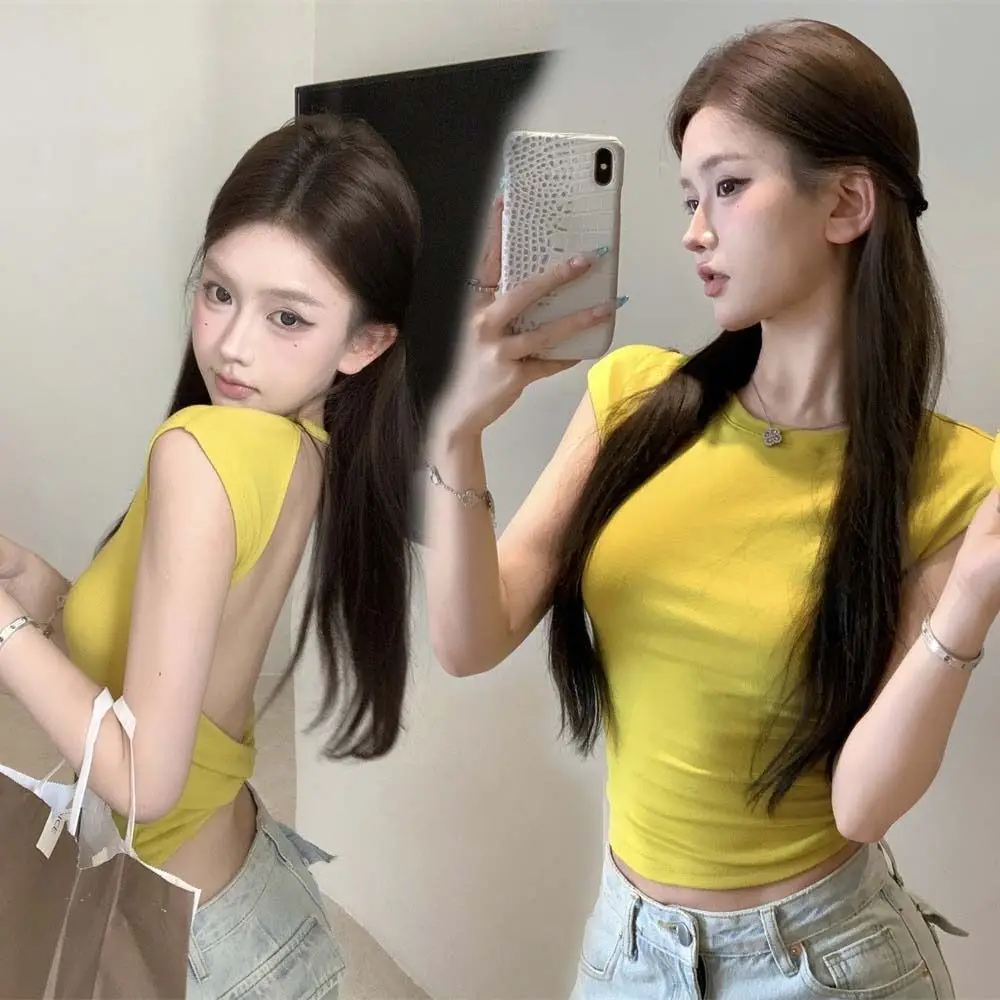 

Chic Hollow out Beauty Back T-shirt Y2k Round Neck Slim Crop Tops Bottoming Shirts Short Sleeve Vest with Pads Woman