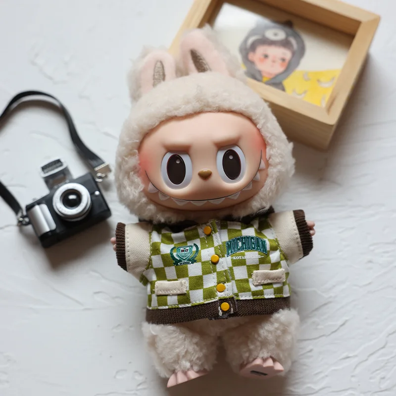 

[No doll]For 17cm labubu Cute Vintage checkered baseball uniform Decoration Little Cloths v1/v2/v3 baby clothes cool sweater
