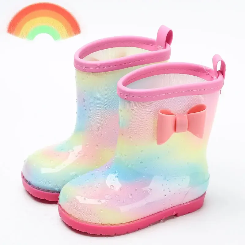 Disney Children\'s rain shoes Baby girls kindergarten non-slip princess water boots plus fleece children cute rainbow water shoes