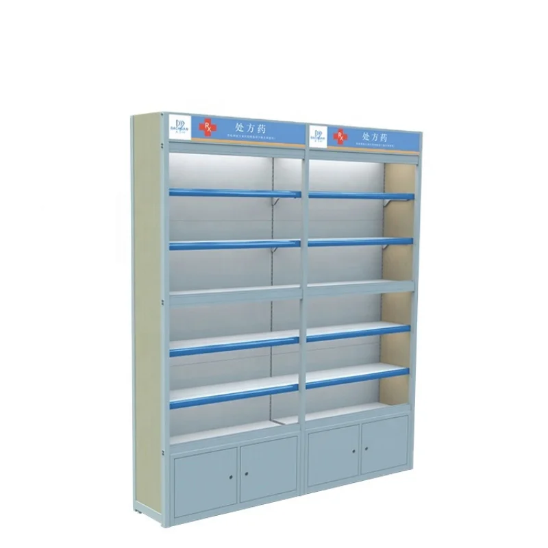 [Customized]Multi-Layer Single Sided Freestanding Pharmacy Display Shelves Steel and Glass Drugstore Retail Stores and